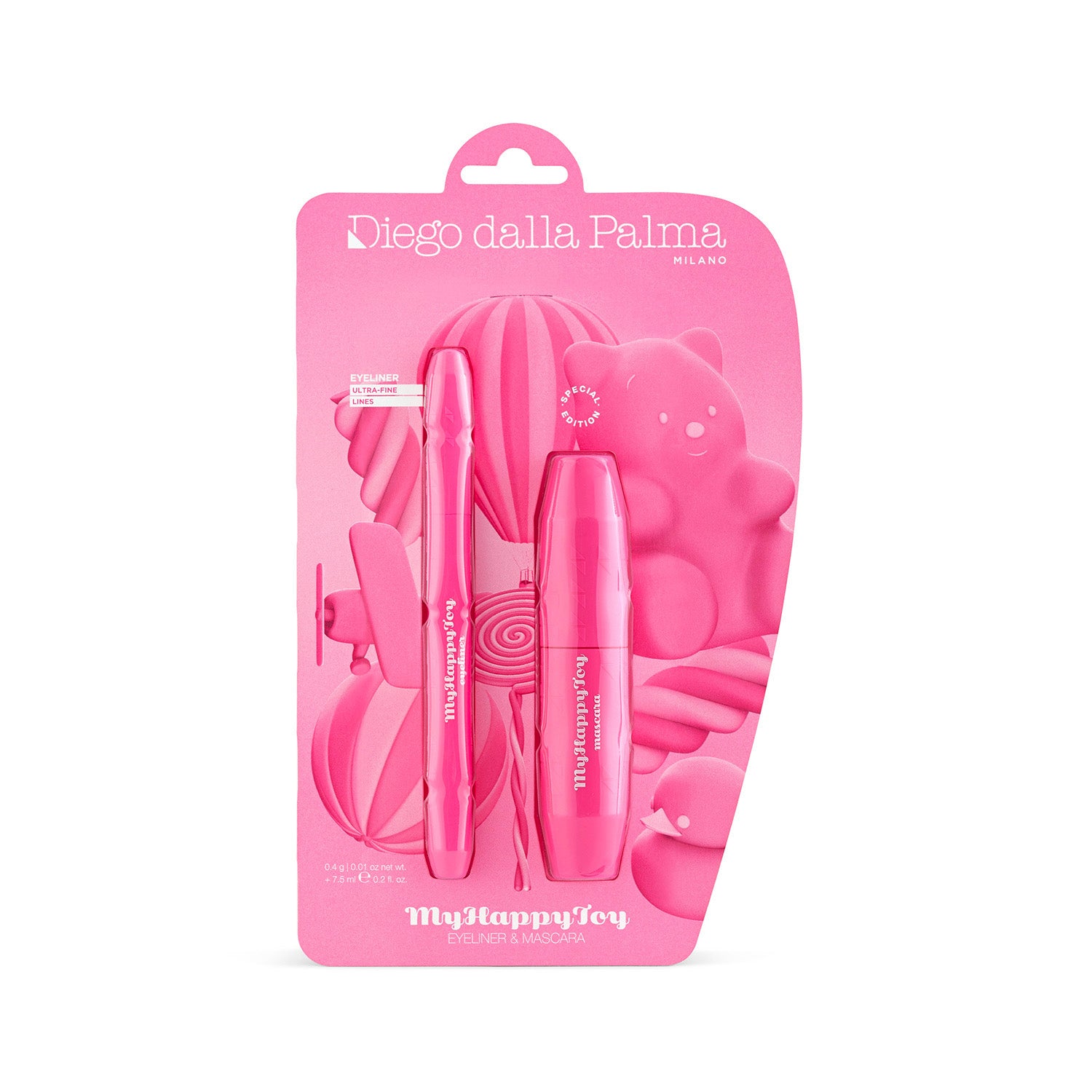 Two pink eyeliner tubes in packaging labeled Diego dalla Palma Kit MyHappyToy Eyeliner sit against a playful pink background featuring a bear, lollipop, and abstract shapes. This eyeliner kit delivers irresistibly defined eyes with bold color payoff, making every application fun and striking.