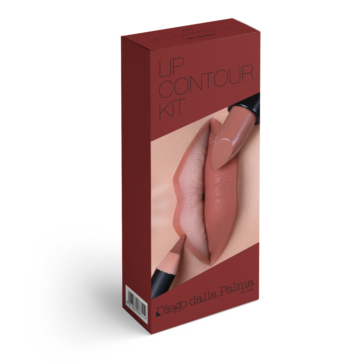 A red box of LIP CONTOUR KIT - ROSSETTO + MATITA 12CM shows lips lined and filled with pink-nude lipstick and lip liner. The bold product name is displayed on the front.