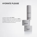 Four minimalist skincare containers labeled Crema Idratante are stacked on a white background, accompanied by Italian text describing ingredients and benefits for skin hydration and restructuring. Ideale come crema gel viso idratante o base trucco, questa formula dona freschezza e comfort alla pelle.