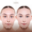 Side-by-side comparison of a woman’s face labeled Before and After, showing smoother, more even skin tone and enhanced eyebrow definition in the After image. In the After photo, her complexion appears perfected with NUDISSIMO – Fondotinta naturalmente opaco in shade “242N,” featuring a distinct finish opaco.