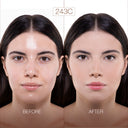 Immagini affiancate del viso di una donna con la didascalia “Prima”, che mostra una pelle lucida, e “Dopo”, che mostra una pelle opaca e dal tono uniforme ottenuta utilizzando NUDISSIMO – Fondotinta naturalmente opaco per un finish opaco naturale e impeccabile. Entrambe le immagini riportano in alto la dicitura 243C.