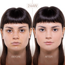 Foto affiancate di una donna con capelli lisci e scuri, contrassegnate con le diciture “Prima” e “Dopo”. Nell’immagine “Prima”, la sua pelle appare untuosa; nell’immagine “Dopo”, l’incarnato appare più levigato, con un effetto sebo-assorbente e un finish opaco. La tonalità 244W è riportata sopra le foto per evidenziare l’efficacia di NUDISSIMO – Fondotinta naturalmente opaco.