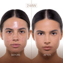 Immagine divisa del viso di una donna; la parte sinistra la mostra “prima”, con acne, arrossamenti e pelle grassa, mentre quella destra la mostra “dopo”, con una pelle liscia, pulita e opaca grazie alle proprietà sebo-assorbenti di NUDISSIMO – Fondotinta naturalmente opaco. Il testo recita «PRIMA» e «DOPO», con la scritta «248W» in alto.