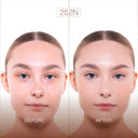 Side-by-side portraits of a woman labeled BEFORE and AFTER, showing her face with visible redness and freckles on the left, and smoother, even-toned skin on the right. The transformation highlights the effetto naturale of NUDISSIMO GLOW – Fondotinta naturalmente luminoso with copertura leggera. Text 252N appears at the top.