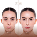 Side-by-side of a woman’s face before and after makeup application. The before shows uneven skin tone; the after, thanks to NUDISSIMO GLOW – Fondotinta naturalmente luminoso with copertura leggera, reveals smoother, even-toned, and brighter skin for an effetto naturale.