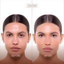 Side-by-side comparison of a woman’s face before and after makeup application, showing smoother, more even-toned skin in the after image thanks to NUDISSIMO GLOW – Fondotinta naturalmente luminoso. The result is a copertura leggera with an effetto naturale. “255W” is written above the images.