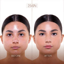 Side-by-side photos of a woman’s face, labeled Before and After, display skin with blemishes on the left and smooth, even-toned skin on the right, highlighting the effetto naturale achieved with NUDISSIMO GLOW – Fondotinta naturalmente luminoso. The shade 256N is shown above, emphasizing its copertura leggera that enhances your natural beauty.