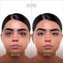 Side-by-side photos of a woman with medium skin and dark hair, labeled Before with dark circles and uneven skin and After smoother, more even-toned skin thanks to NUDISSIMO GLOW – Fondotinta naturalmente luminoso; 257W is displayed above the images. The transformation highlights the copertura leggera and effetto naturale of the product.
