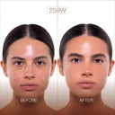 Split-screen image of a woman’s face showing before with acne and shiny skin, and after with smooth, clear, matte skin thanks to NUDISSIMO GLOW – Fondotinta naturalmente luminoso. Text at top reads 258W. Achieve an effetto naturale and copertura leggera for flawless results.