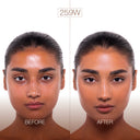 Split-screen image of a woman’s face labeled Before left, shinier skin and blemishes and After right, matte, smooth skin. Header text reads NUDISSIMO GLOW – Fondotinta naturalmente luminoso. Both images show the same person with similar expressions. The transformation highlights the copertura leggera of this fondotinta fluido, creating an effetto naturale for a flawless yet natural appearance.