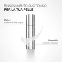 Flacone argentato del Siero Antietà Globale con un campione di gel su sfondo bianco. Il testo in italiano sottolinea il rinnovamento quotidiano della pelle, l’azione antirughe per ridurre la visibilità delle rughe e ridefinire i contorni del viso. Pubblicità del prodotto in stile minimal ed elegante.