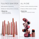 Display of FULLFACE SLIM STICK, a matita multiuso in stick for viso, occhi, and labbra, with Italian tips for usage. FULLFACE SLIM STICK features sleek standing tubes designed for long-lasting makeup application. Background is white and minimalist.