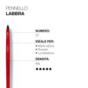 The Pennello labbra 52 in red is displayed vertically, with accompanying text indicating its number 52, ideal uses—including lip liner, lipstick, and lip gloss—and a high density rating represented by five filled circles. This versatile brush serves as both a pennello rossetto and an applicatore lucidalabbra, providing flawless, precise results every time.