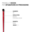 Pennello area occhi per sfumature di precisione 56: pennello rosso per un’applicazione precisa dell’ombretto e sfumature professionali. Adatto a polveri e lavori di dettaglio, presenta una densità media illustrata con tre cerchi pieni su cinque. Testo in italiano.