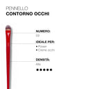 A red brush, Pennello contorno area occhi 59, is perfect for both powders and eye creams. Its high density—indicated by five filled circles—makes it ideal as a pennello prodotti in crema and a pennello polveri, ensuring flawless application around the eyes.