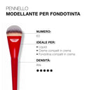 Viene mostrato il Pennello professionale modellante per fondotinta 63, un pennello da trucco rosso con la punta arrotondata. Il testo lo descrive come ideale per fondotinta liquidi e in crema, dotato di setole fitte che garantiscono una stesura fluida e una copertura uniforme. La sua elevata densità è indicata da cinque cerchi pieni.