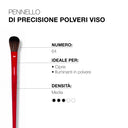 The Pennello di precisione polveri viso 64, featuring a red handle and black bristle tip, is displayed next to Italian text highlighting its ideal use for face powders—especially loose powder and highlighter. Its medium-density design ensures flawless application of ciprie for a perfect finish.
