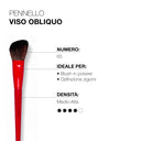 The Pennello viso obliquo 65 is a red, angled face brush, ideal as a pennello blush for applying powder and defining the zigomi with precision. It has medium-high density—four out of five filled circles indicate this—and features Italian text describing its characteristics.
