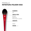 The Pennello rifinitura polveri viso 68 is a red finishing face brush labeled “68,” designed for applying loose powder, bronzer, and powder highlighters. This versatile brush offers medium density, as indicated by three out of five filled circles.