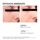 Due primi piani affiancati della guancia e del naso di una persona, contrassegnati con le diciture “prima” e “dopo”, mostrano imperfezioni visibilmente ridotte e una pelle più luminosa nell’immagine “dopo”. Il testo sottolinea che la pelle è più luminosa del 100 e che le imperfezioni sono diminuite del 15: risultati ottenuti con la Maschera Esfoliante AHA 5.