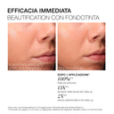 Immagini prima e dopo dell'applicazione del fondotinta Tonico-latte Rinnovatore e dopo 8 ore di tenuta, che mostrano una pelle luminosa insieme ai risultati dello studio clinico sulla durata del trucco e sulla formula idratante.