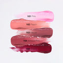 Five swatches of Peptize My Lips - Burro Labbra con Peptidi Volumizzante Idratante in 161 Pink, 162 Peach, 163 Mauve, 164 Antique Pink, and 165 Cherry are smeared on white from light pink to deep red for a plumping effect.