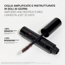 A black Mascara Ciglione tube rests on a white surface. Italian and English text highlight amplified lashes in 30 days, +30 density, +12 thickness, and “mascara effetto laminazione” for defined volume.