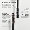 Two Mascara Ciglione wands with mascara on a white background. Text highlights effetto laminazione with restructuring actives and film-forming agents for volumized lashes that are stronger and more resilient.