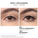 Close-up of a person's eye before left and after right applying Mascara Ciglione. The right eye shows increased volume, longer, darker, and more defined lashes. Italian and English text included.