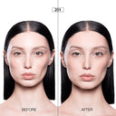 Side-by-side comparison of a woman’s face labeled Before and After the application of Cipria in Polvere Levigante, a smoothing powder ideal for dry or mature skin.