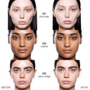 Before and after comparison of three models showing the smoothing effect of Cipria in Polvere Levigante in shades 201 pink pale, 202 neutral, and 203 warm beige, ideal for mature skin.