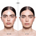 Before and after comparison of a woman’s face, showing skin with a shiny finish on the left and a smoothed look on the right achieved with Cipria in Polvere Levigante for mature skin.