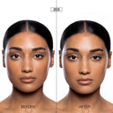 Split screen comparison of a face before and after the application of Cipria in Polvere Levigante, demonstrating its smoothing effect on mature skin.