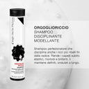 A 100 ml orgoglioriccio - shampoo disciplinante modellante bottle is shown beside Italian text highlighting benefits for defined, elastic hair, all set against a light background with subtle bubbles.
