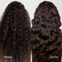 Side-by-side hair comparison: Left shows frizzy, voluminous hair PRIMA; right reveals defined, smooth waves DOPO—the effect you can get using orgoglioriccio - shampoo disciplinante modellante - 100 ml.