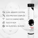 A cylindrical bottle of orgoglioriccio - shampoo disciplinante modellante - 100 ml stands upright. Text highlights the curl memory system for defined hair, silk protein complex, and black cumin oil. Bubbles float in the background.