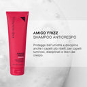 A bright pink tube of AMICO FRIZZ - SHAMPOO ANTICRESPO pops against a bubbly background. With estratto di fiori di zafferano, it tames frizzy hair for smooth shine and delivers long-lasting anti-frizz humidity protection.
