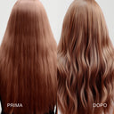 Side-by-side comparison of long, reddish-brown hair: the left side Prima is straight and smooth; the right side Dopo, after using AMICO FRIZZ - SHAMPOO ANTICRESPO, features loose, defined waves with zero frizz.