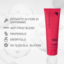 A red tube of AMICO FRIZZ - SHAMPOO ANTICRESPO is shown with highlights: anti-frizz for capelli crespi, contains estratto di fiori di zafferano, panthenol, erythritol, and is free from SLES/SLS and silicones.