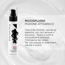 A bottle of RICCIOFLUIDO - POZIONE ATTIVARICCI next to its product packaging and description on a white, creamy textured background.