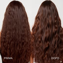 Before and after comparison of brown hair using RICCIOFLUIDO - POZIONE ATTIVARICCI, labeled PRIMA and DOPO, showing less defined hair on the left and soft, sensual waves on the right.