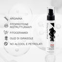 RICCIOFLUIDO - POZIONE ATTIVARICCI pump bottle next to a list of ingredients including arginine, phytoproteins, phytoceramides, and sunflower oil, free from alcohol and petrolatum.