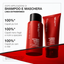 A shampoo bottle and Maschera Riparatrice tube with red packaging placed next to text on BOND ARCHITECT CPX, a trattamento capelli danneggiati for hair strength and health.