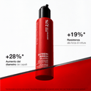 Red pump bottle of Balsamo Ultra Riparatore Senza Risciacquo leave-in hair conditioner with labels showing a 28 increase in hair diameter and a 19 increase in breakage resistance for capelli rigenerati.