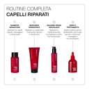 Infografica che illustra una routine di riparazione dei capelli in quattro fasi con BOND ARCHITECT CPX: shampoo, maschera per capelli, Balsamo Ultra Riparatore Senza Risciacquo e un siero in flacone con contagocce per un trattamento rinforzante.