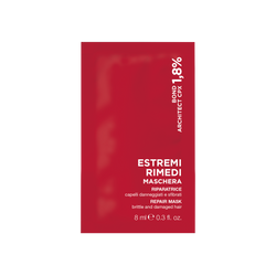 Confezione campione rettangolare rossa della Maschera Riparatrice da 8 ml, con scritta bianca che riporta il nome del prodotto e il volume.