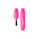 A bright pink MINI MY HAPPY TOY MASCARA tube with the cap off reveals the black wand. White text on the tube highlights its mascara volumizzante formula, all set against a clean white background.