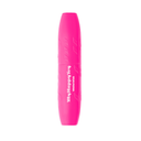 Su uno sfondo bianco a tinta unita è raffigurato un tubetto di mascara Mini MyHappyToy di colore rosa brillante, con i lati ruvidi e una scritta bianca, che promette ciglia incurvate ed effetto push-up.