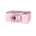 The Time Control Kit is presented in a pink box featuring a geometric design on top and the Diego dalla Palma Milano brand name on the front. Inside, you’ll find three skincare products—including Concentrato Essenziale Universale and Crema Antietà Globale—along with a matching pink pouch.