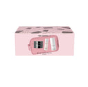 A pink Time Control Kit box from diego dalla palma featuring a photo of three skincare products—including the latte rinnovatore and crema antietà globale—and a pink pouch on the front, with white and black text and an abstract pattern on the box.